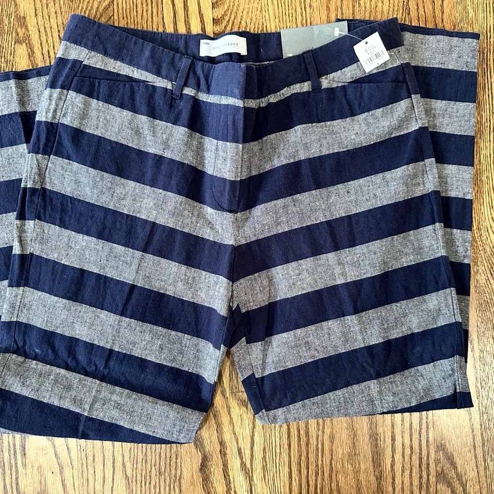 Gap linen blend slim cropped striped Blue and Gray Ankle Length pants